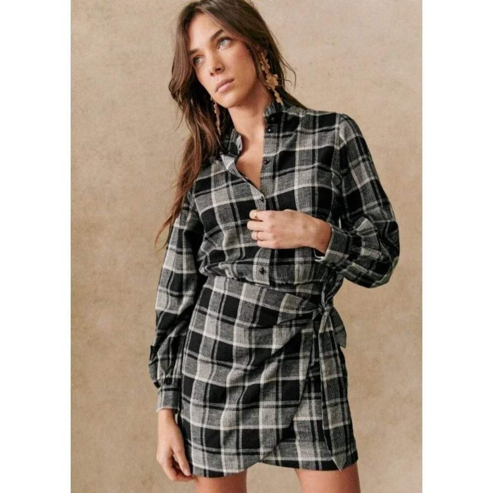 Sezane Capri  Shirt Dress Women's 42/ 10 Black White Plaid Ruffle Neck Belted